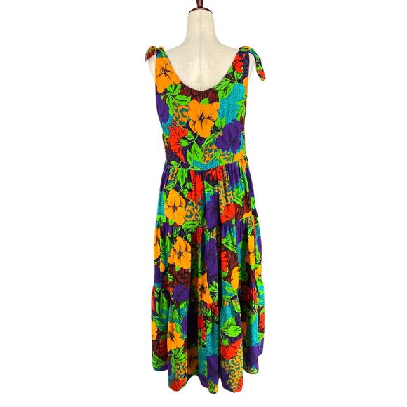 Vtg 80s 90s Two Potato Aloha Floral Midi Tiered Tie Shoulder Dress M Resort Wear - Picture 3 of 16